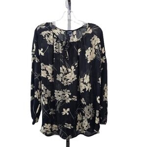 Chaps Tie Keyhole Neckline Sheer Floral Print Top Black‎ Beige XL